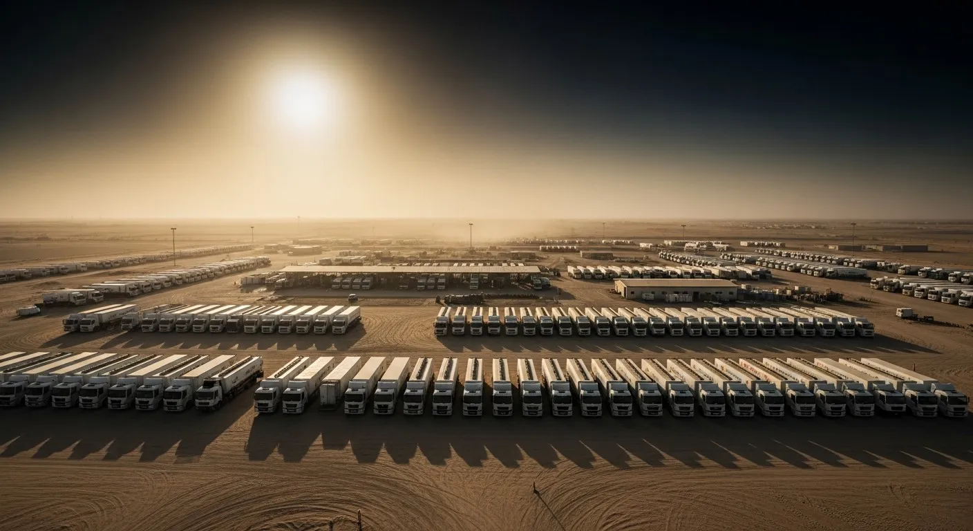 A large fleet of trucks parked in rows at a desert logistics yard